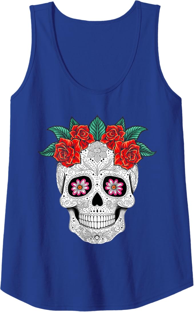 Day of the Dead Skull with Flowers Mexican Holiday Women Tank Top - Festive Apparel for Dia de los Muertos