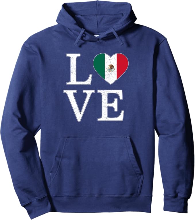 Mexico Love Pullover Hoodie - Mexican Flag Heart Vintage Look Design