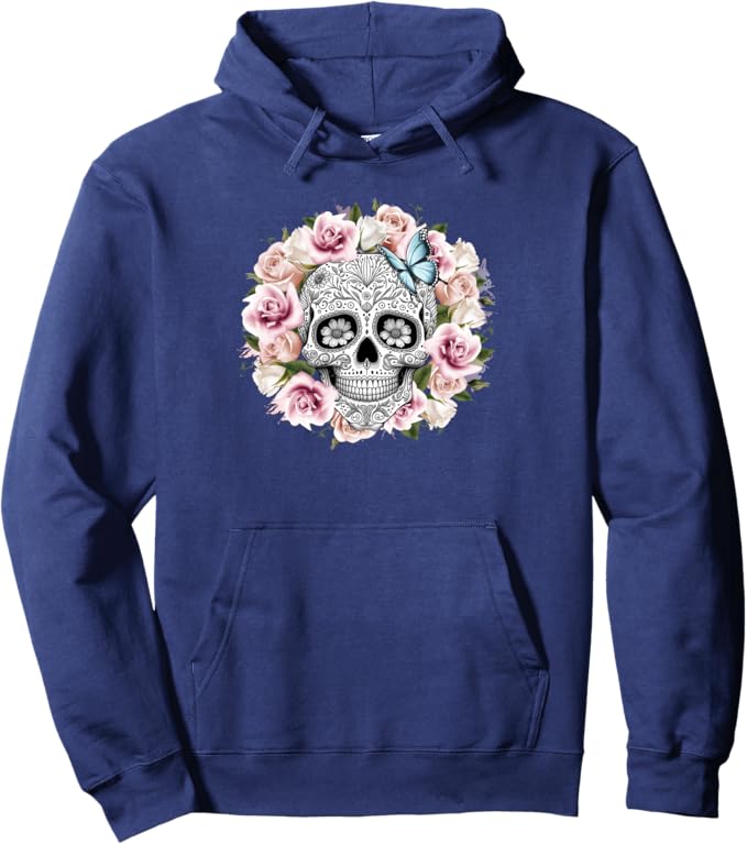Floral Sugar Skull Pullover Hoodie - Day of the Dead Mexico Día De Los Muertos Design