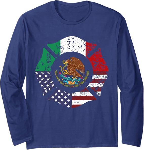 USA Mexico American Flag Escudo Nacional de México Long Sleeve T-Shirt