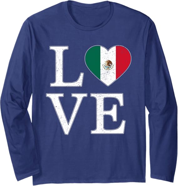 Mexico Love Mexican Flag Heart Vintage Long Sleeve T-Shirt - Stylish Graphic Tee for Men & Women