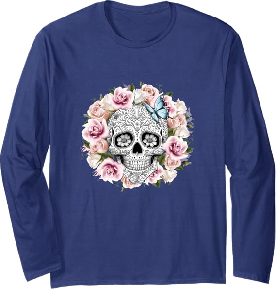 Floral Sugar Skull Dia de los Muertos Day of the Dead Mexico Long Sleeve T-Shirt