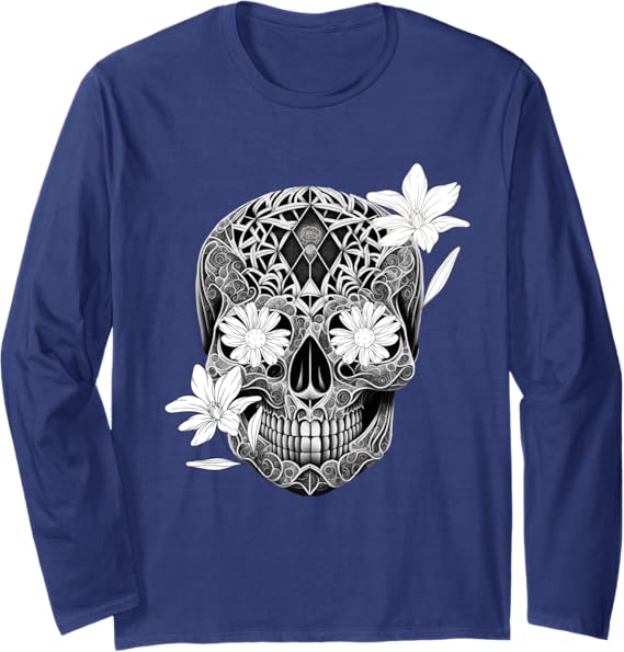 Flower Sugar Skull Mexico Dia De Los Muertos Long Sleeve T-Shirt – Halloween & Day of the Dead Apparel