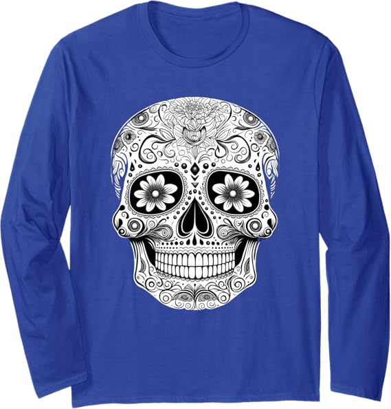 Floral Mexican Sugar Skull Day of the Dead Long Sleeve T-Shirt for Women