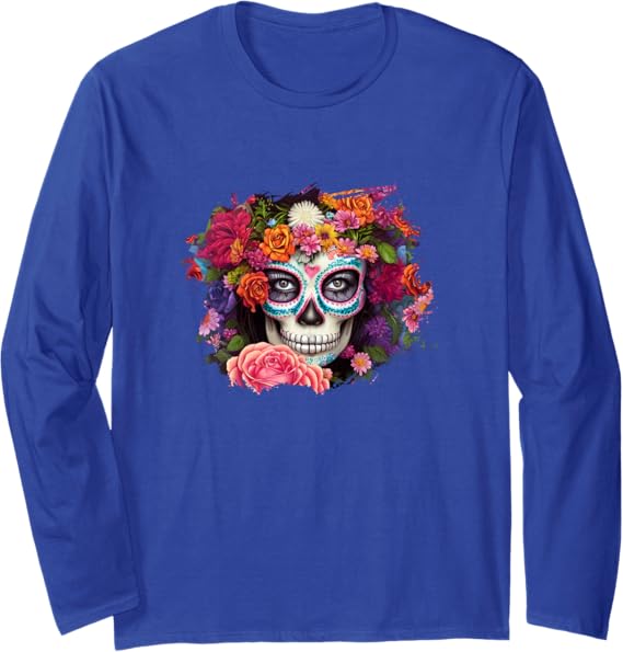 Mexico Day of the Dead Skull Dia de los Muertos Long Sleeve T-Shirt - Festive Halloween Shirt