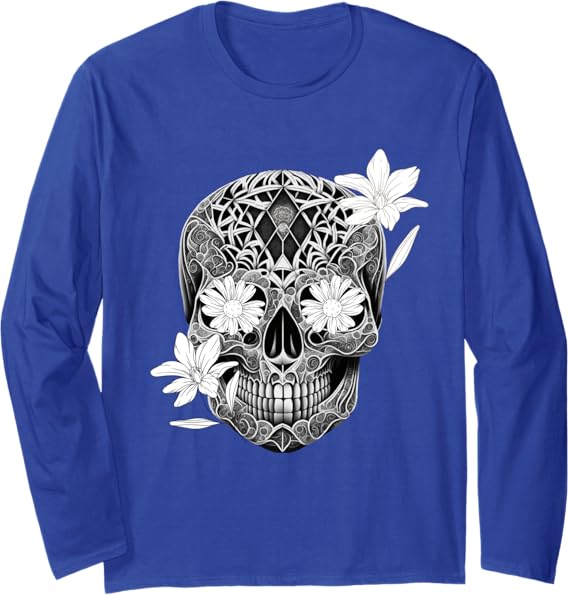 Flower Sugar Skull Mexico Dia De Los Muertos Long Sleeve T-Shirt – Halloween & Day of the Dead Apparel