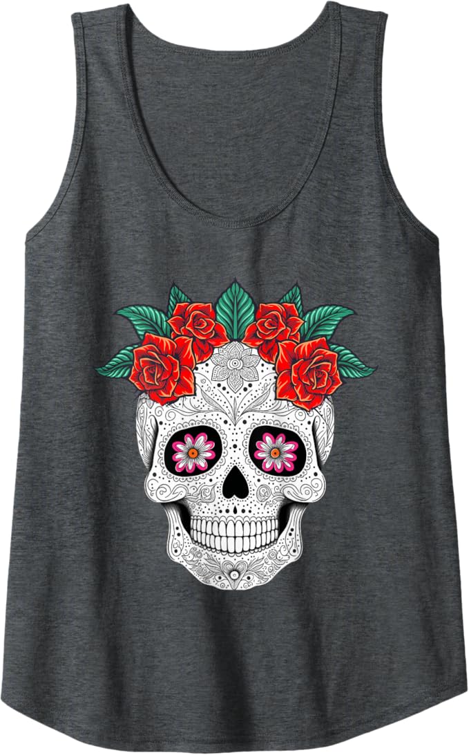 Day of the Dead Skull with Flowers Mexican Holiday Women Tank Top - Festive Apparel for Dia de los Muertos