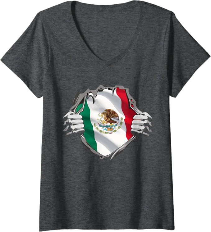 Women's Mexican Superhero V-Neck Women T-Shirt - Bandera Mexicana Pride Design