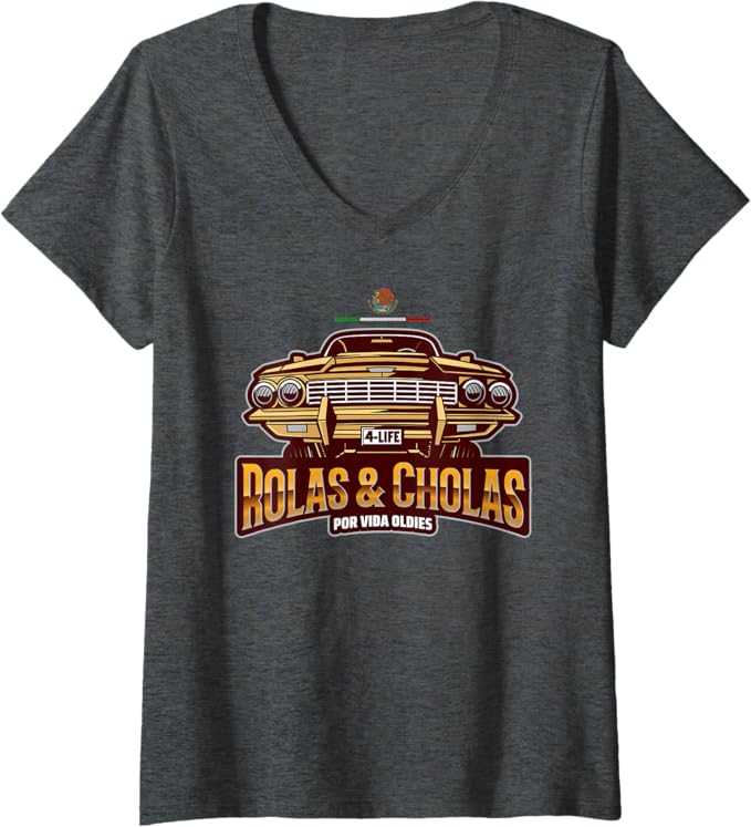 Womens Rolas & Cholas Por Vida Oldies Mexican Lowrider Hombre V-Neck T-Shirt