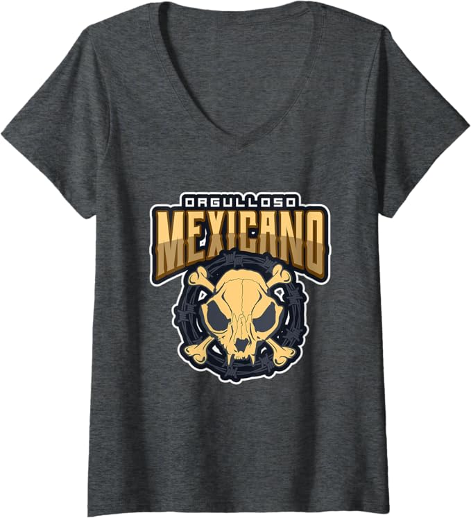 Womens Orgulloso Mexicano Skull Mexican Chicano V-Neck T-Shirt