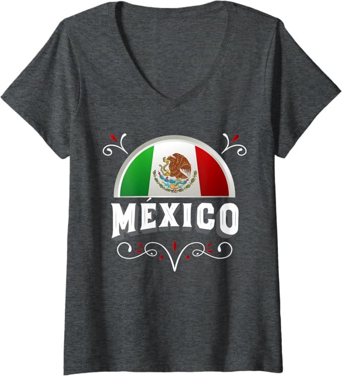 Women's Mexico Bandera V-Neck Women T-Shirt with Mexico Lettering - Mexican Flag Design