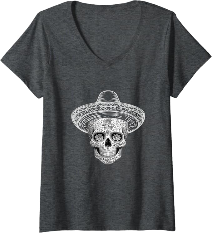 Women's Mexican Sugar Skull Sombrero Day of the Dead Calaveras V-Neck Women T-Shirt