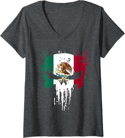 Women's Mexican Flag Skull V-Neck T-Shirt - Bandera Mexicana Camiseta