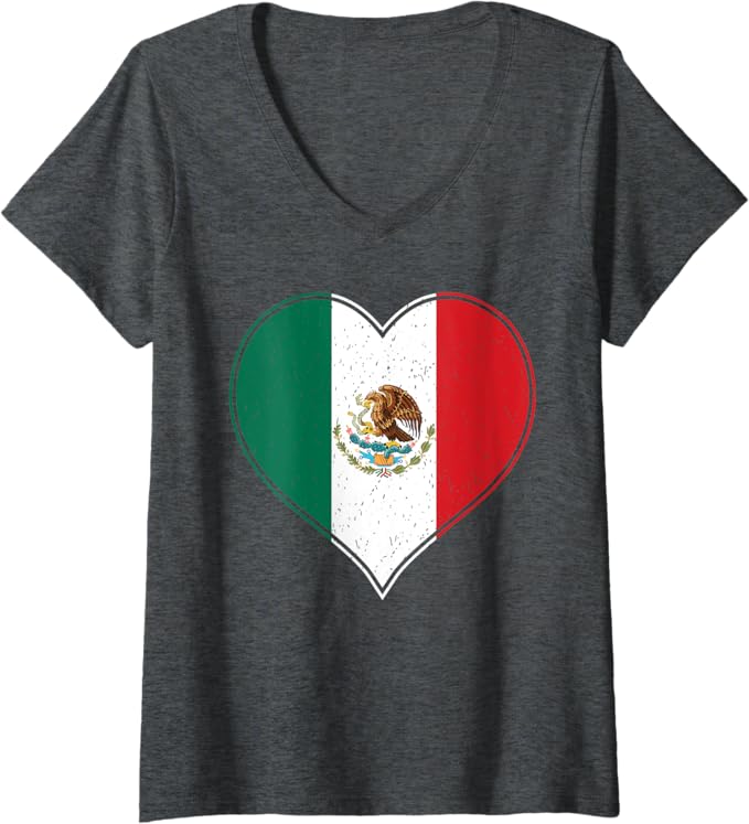 Women's Corazon Mexicano Mexican Flag V-Neck Women T-Shirt - Camiseta de Bandera de México