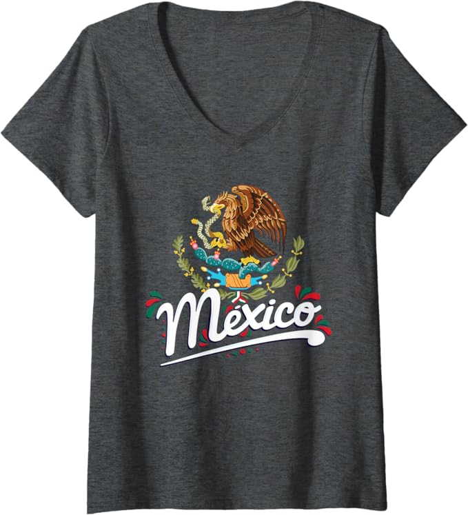 Women's Mexican Flag Coat of Arms V-Neck Women T-Shirt with Mexico Lettering