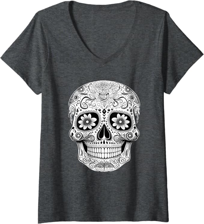 Women's Floral Mexican Sugar Skull V-Neck Women T-Shirt - Day of the Dead Design