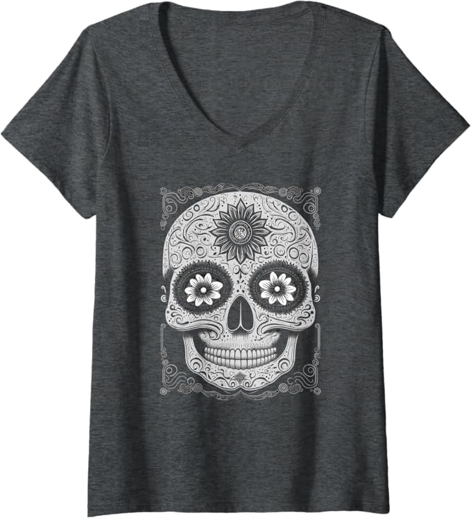 Women's Calaveras Sugar Skull V-Neck Women T-Shirt for Día de los Muertos - Mexican Holiday Apparel