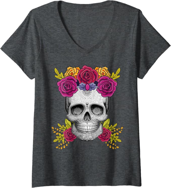 Womens Mexican Day of the Dead Sugar Skull Día De Los Muertos V-Neck T-Shirt