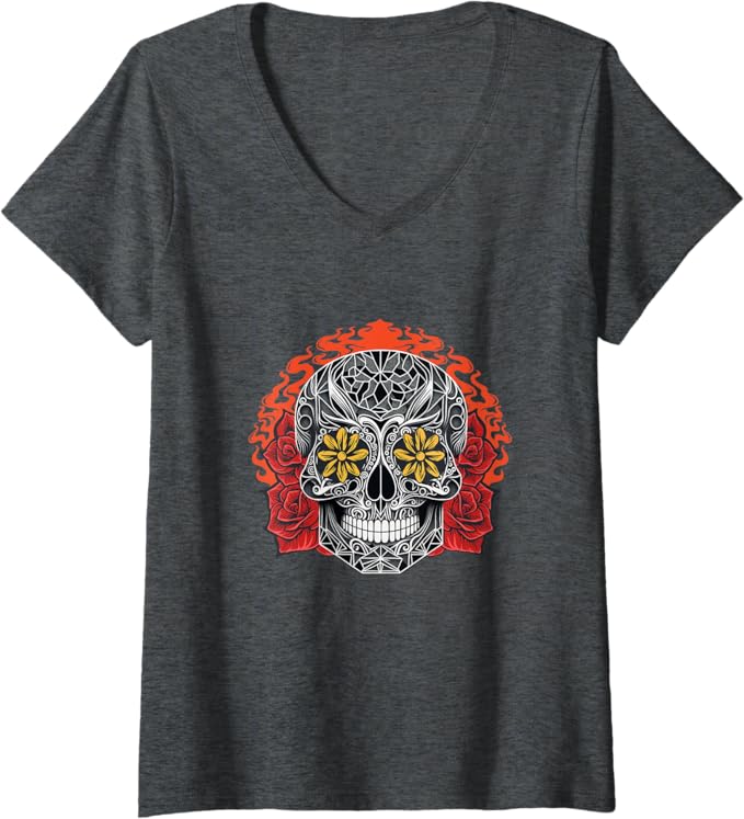 Women's Day of the Dead Sugar Skull Calaveras V-Neck Women T-Shirt – Mexican Holiday Tee