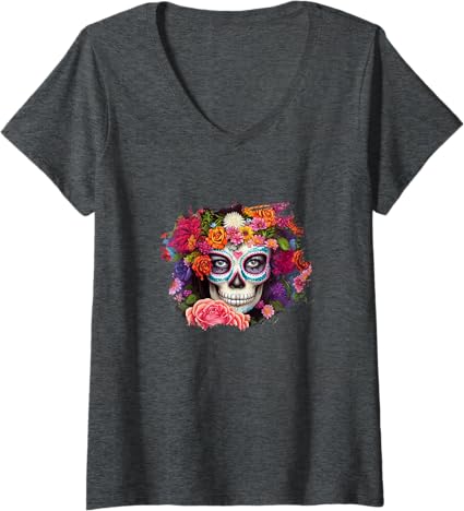 Women's Day of the Dead Skull V-Neck T-Shirt – Dia de los Muertos Mexico Shirt