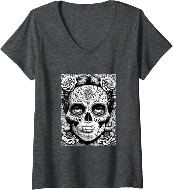 Women's Dia De Los Muertos V-Neck Women T-Shirt - Catrina Calaveras Skull Mexico Holiday Shirt