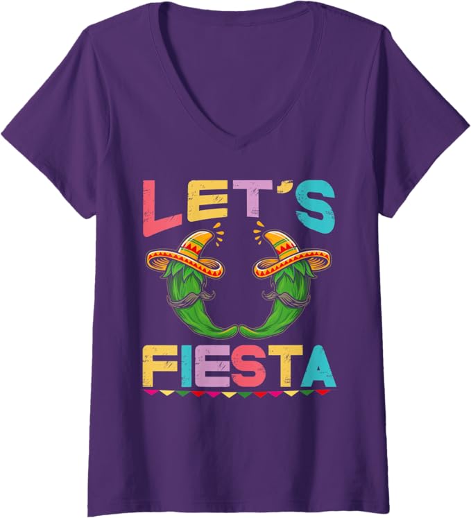 Womens Mexican Cinco De Mayo Party V-Neck T-Shirt - Let's Fiesta Design