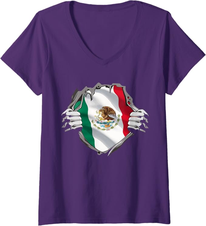 Women's Mexican Superhero V-Neck Women T-Shirt - Bandera Mexicana Pride Design