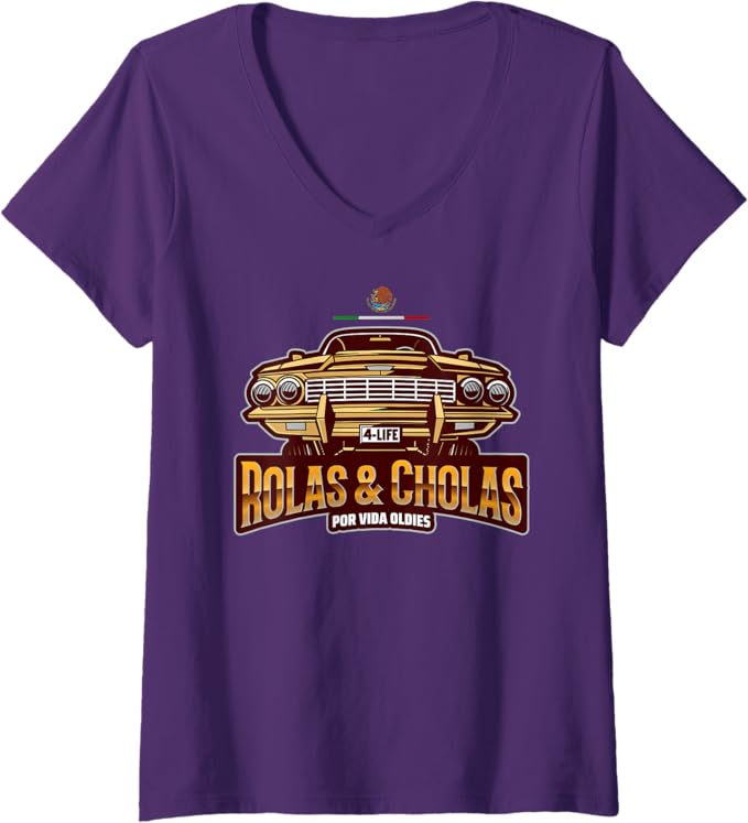 Womens Rolas & Cholas Por Vida Oldies Mexican Lowrider Hombre V-Neck T-Shirt