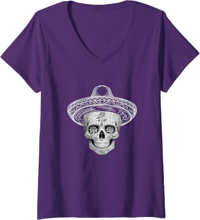 Women's Mexican Sugar Skull Sombrero Day of the Dead Calaveras V-Neck Women T-Shirt