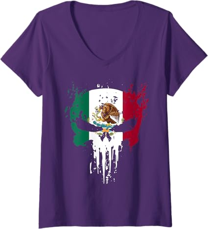 Women's Mexican Flag Skull V-Neck T-Shirt - Bandera Mexicana Camiseta