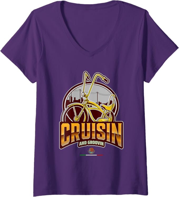 Women's Cruisin' and Groovin' Chicano Lowrider Bike Mexican V-Neck Women T-Shirt