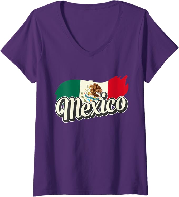 Women's V-Neck Women T-Shirt with Mexican Flag and Mexico Lettering - Mexico Bandera Desig