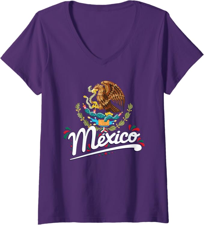 Women's Mexican Flag Coat of Arms V-Neck Women T-Shirt with Mexico Lettering