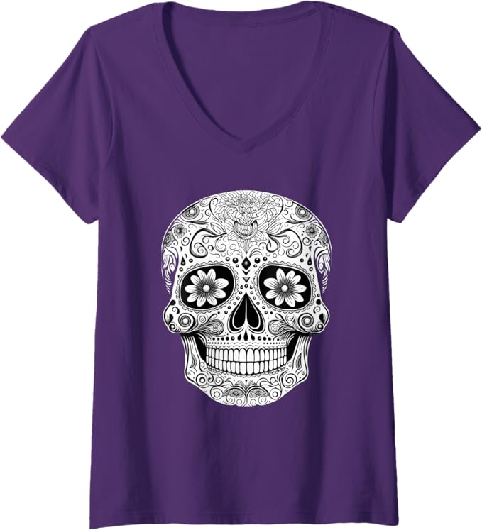 Women's Floral Mexican Sugar Skull V-Neck Women T-Shirt - Day of the Dead Design