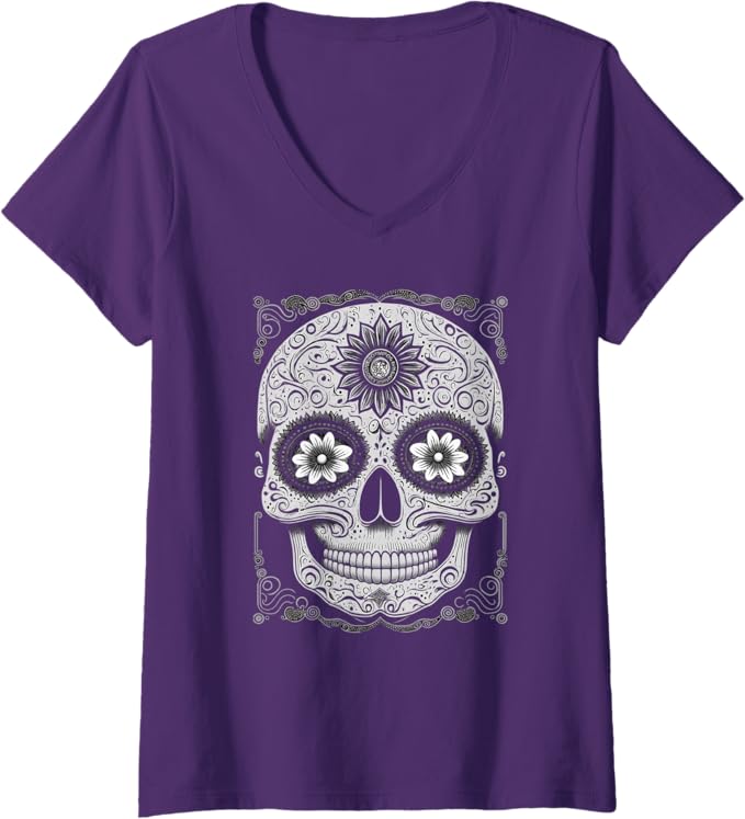 Women's Calaveras Sugar Skull V-Neck Women T-Shirt for Día de los Muertos - Mexican Holiday Apparel