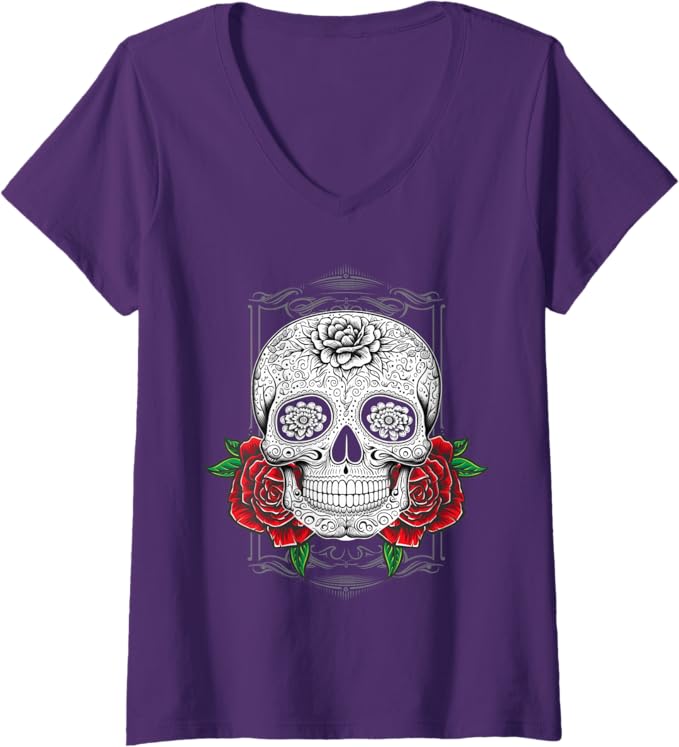 Womens Mexican Calaveras Flower Skull Día De Los Muertos V-Neck T-Shirt