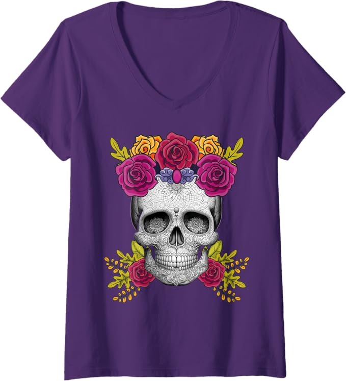 Womens Mexican Day of the Dead Sugar Skull Día De Los Muertos V-Neck T-Shirt