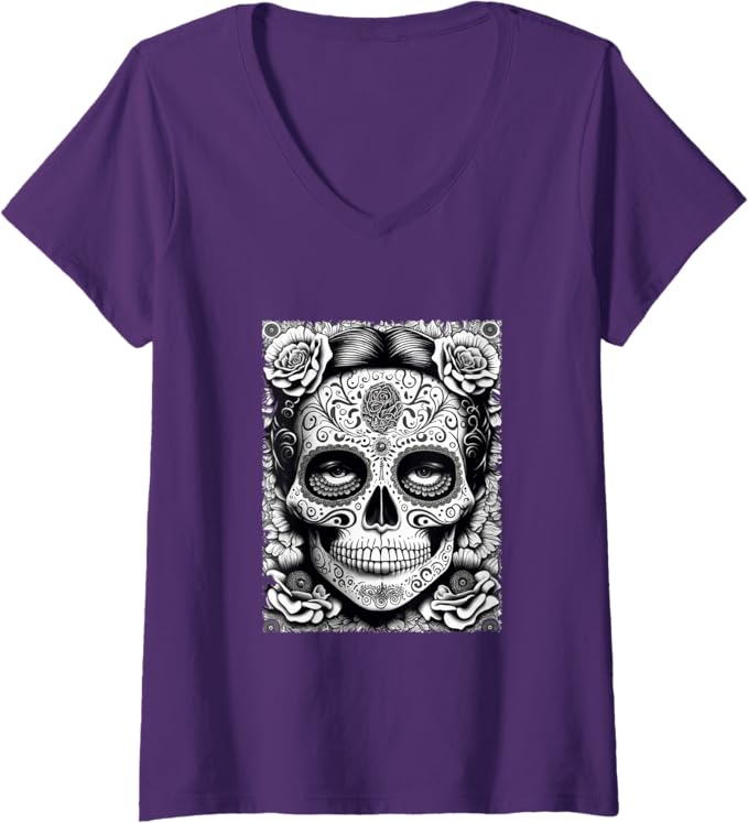 Women's Dia De Los Muertos V-Neck Women T-Shirt - Catrina Calaveras Skull Mexico Holiday Shirt