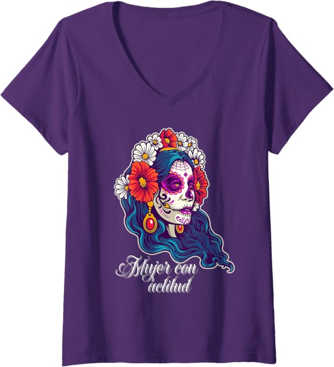 Women's Mujer Con Actitud Mexican Sugar Skull V-Neck Women T-Shirt for Women and Girls