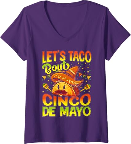 Women's Cinco de Mayo T-Shirt - Let's Taco Bout V-Neck Mexican Party Shirt
