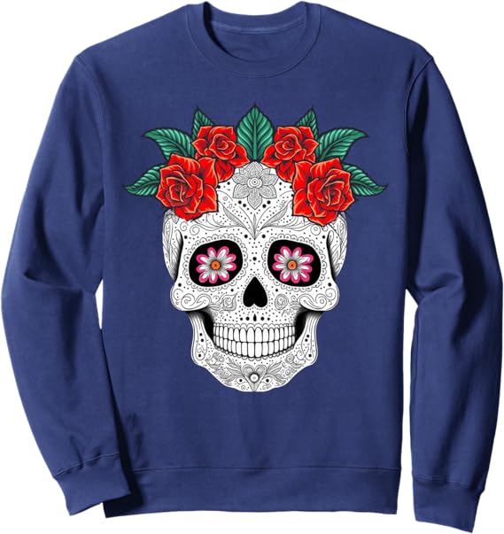 Day of the Dead Skull with Flowers Mexican Holiday Sweatshirt