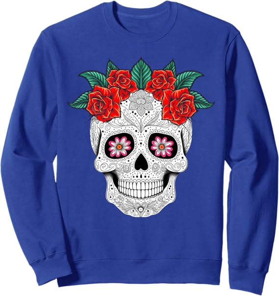 Day of the Dead Skull with Flowers Mexican Holiday Sweatshirt