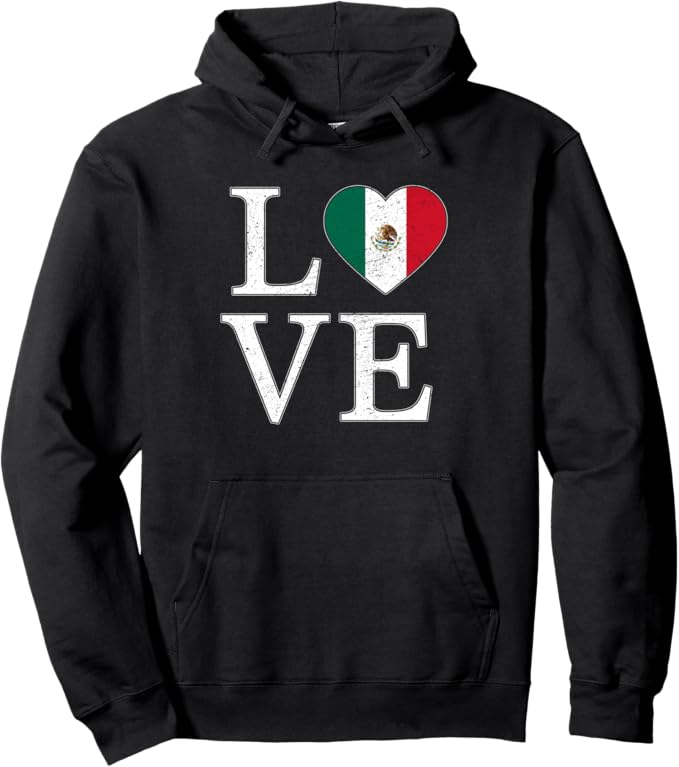 Mexico Love Pullover Hoodie - Mexican Flag Heart Vintage Look Design