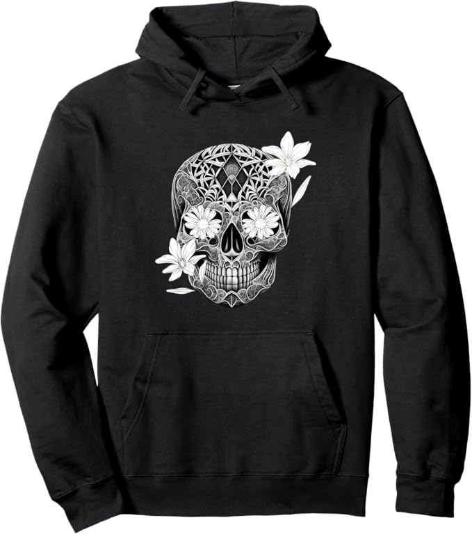 Flower Sugar Skull Pullover Hoodie - Mexico Día De Los Muertos Design