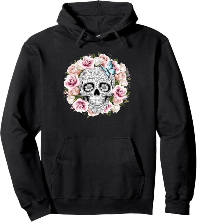 Floral Sugar Skull Pullover Hoodie - Day of the Dead Mexico Día De Los Muertos Design