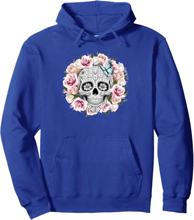Floral Sugar Skull Pullover Hoodie - Day of the Dead Mexico Día De Los Muertos Design